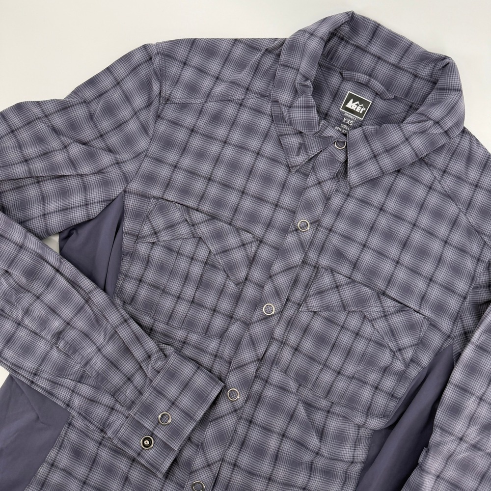 REI Hiking Shirt Womens XXS Gray Plaid Snap Front Stretch Side Panels LS Outdoor
